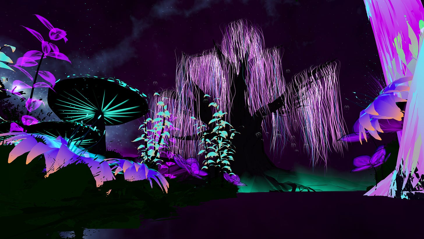 This is an image of a bioluminescent forest in a psychedelic world by ZandyXR.