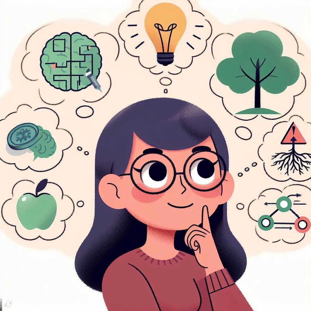 A cartoony and simple image of someone thinking in first principles -- taking a complex idea and breaking it down. An example is thinking of a tree and breaking it down to its roots.