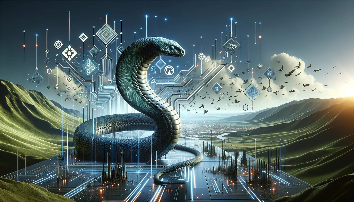 A conceptual image of 'Mamba', an AI architecture, in a landscape orientation. The image should creatively blend elements of a mamba snake with symbols of artificial intelligence and technology. Imagine a futuristic, digital landscape where the sleek, powerful form of a mamba snake intertwines with abstract representations of circuitry, binary code, and neural networks, conveying the idea of a sophisticated and advanced AI system. The setting should have a tech-inspired aesthetic, with a blend of organic and digital elements, highlighting the synergy between nature and technology.
