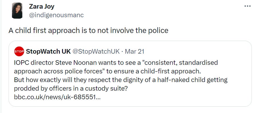 Tweet from Zara Joy (@indigenousmanc): 'A child first approach is to not involve the police'