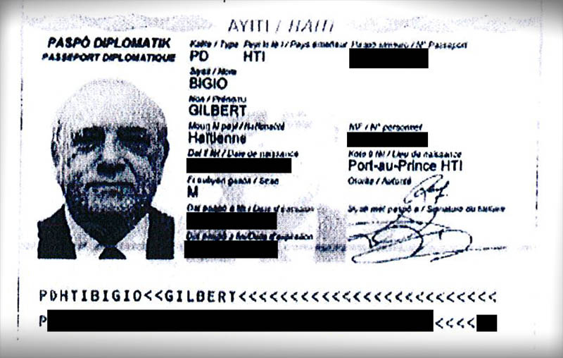 A redacted copy of Gilbert Bigio's diplomatic passport