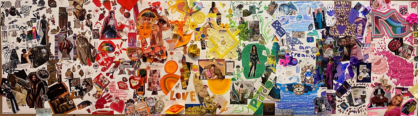 10 foot pride collage made at a collaborative event at Artspace Raleigh in June 2023. Each 1 foot section is collaged in a certain color including black, brown, red, orange, yellow, green, blue, purple, and pink.