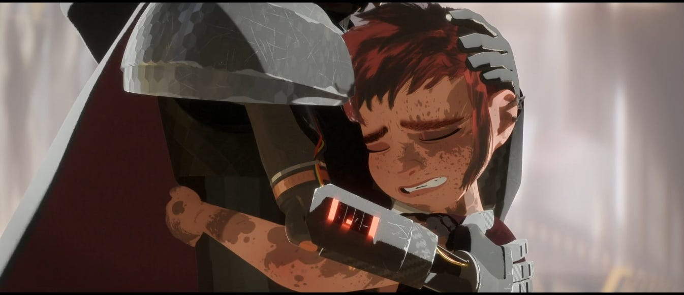 Screenshot from the movie, showing Ballister holding Nimona with her head against his chest, and Nimona, battered and hurt, clinging onto him depserately as she's ready to cry.