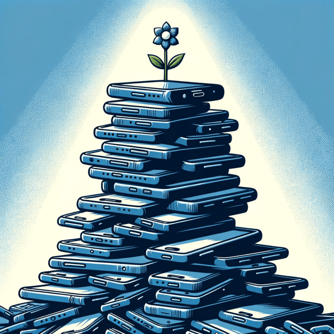 Vector art showing a massive pile of smartphones stacked high, with a single, small flower growing from the top, symbolising hope and a return to authenticity.

