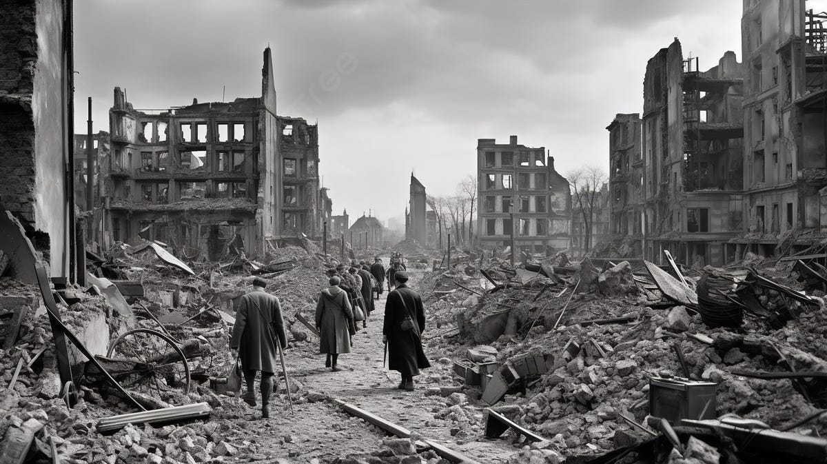 Scene Of People Walking Down A Destroyed Street Background, World War Ii  Picture, World War Ii, War Background Image And Wallpaper for Free Download