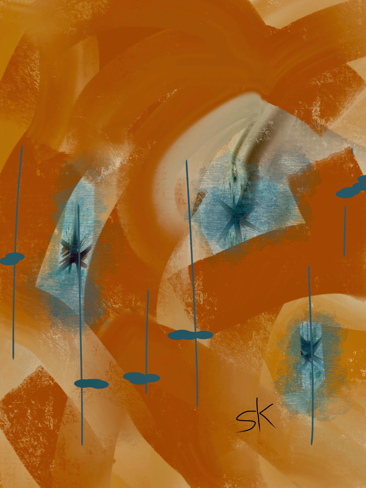 Abstract painting by Sherry Killam Arts with light blue flag shapes floating in a sea of caramel.