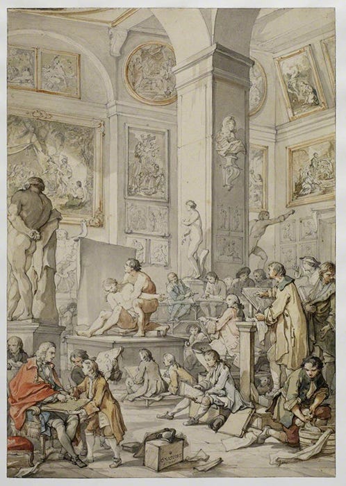 Charles Joseph Natoire, Life Class at the Royal Academy of Painting and Sculpture, 1746, pen, black & brown ink, grey wash & watercolour & traces of pencil over black chalk on laid paper, 45.3 x 32.2 cm (The Courtauld Gallery)