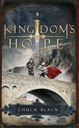 kingdoms hope by chuck black cover, two knights sword-fighting on a medieval bridge