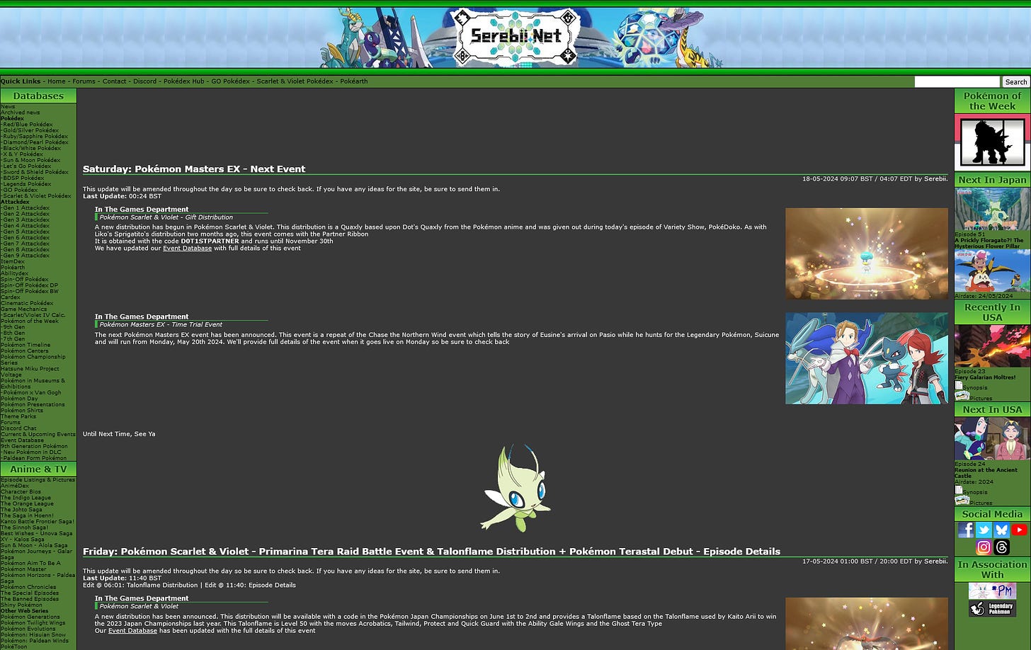 Serebii.net's layout from June 2024