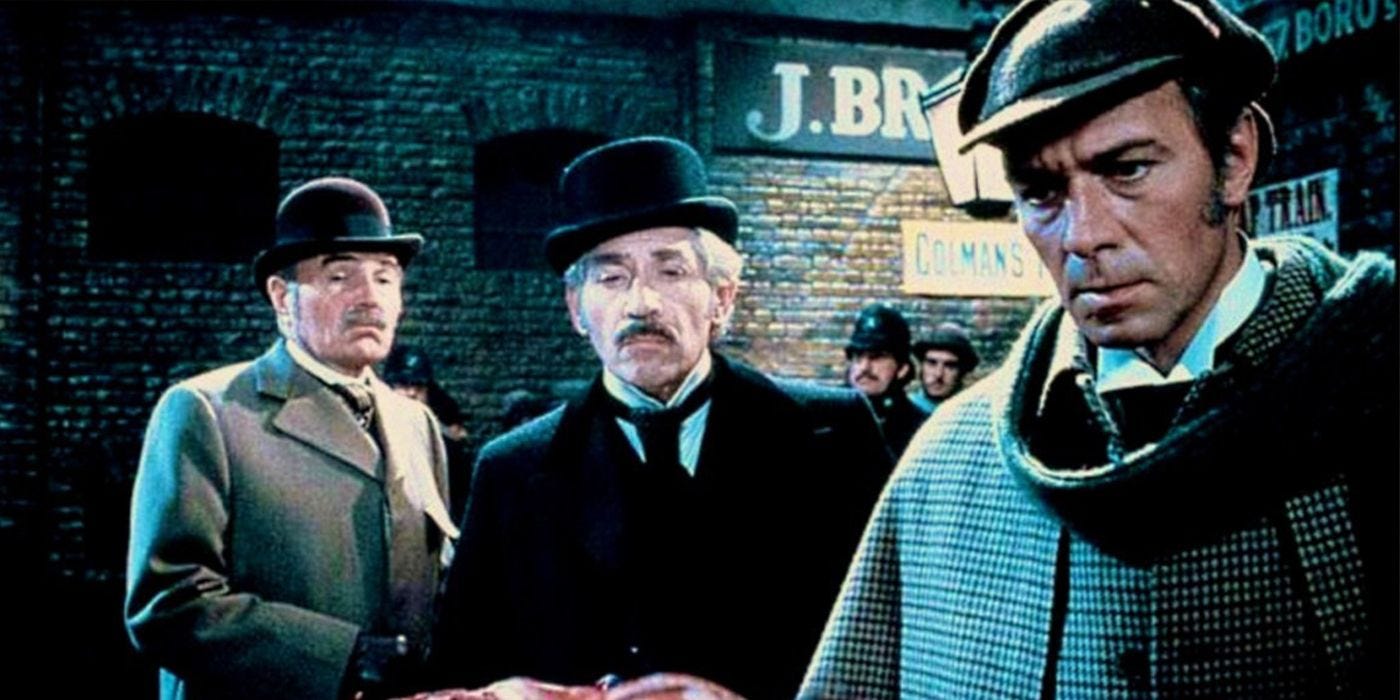 Holmes stands with investigators in an alley in Murder By Decree