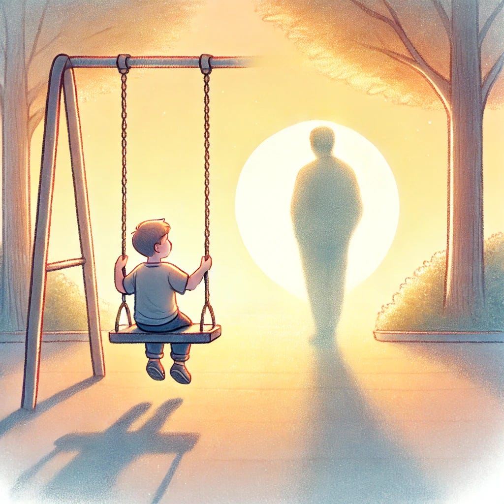 A heartfelt illustration depicting a young boy sitting on a swing in a serene park, looking at the horizon with a subtle sense of longing, while a shadowy figure of a father appears faintly in the background, symbolizing absence. The scene is bathed in warm sunlight, creating a bittersweet atmosphere. The boy's small, solitary figure contrasts with the vastness of the park, emphasizing the emotional depth of separation. The style is soft and emotive, with gentle, pastel-like colors.