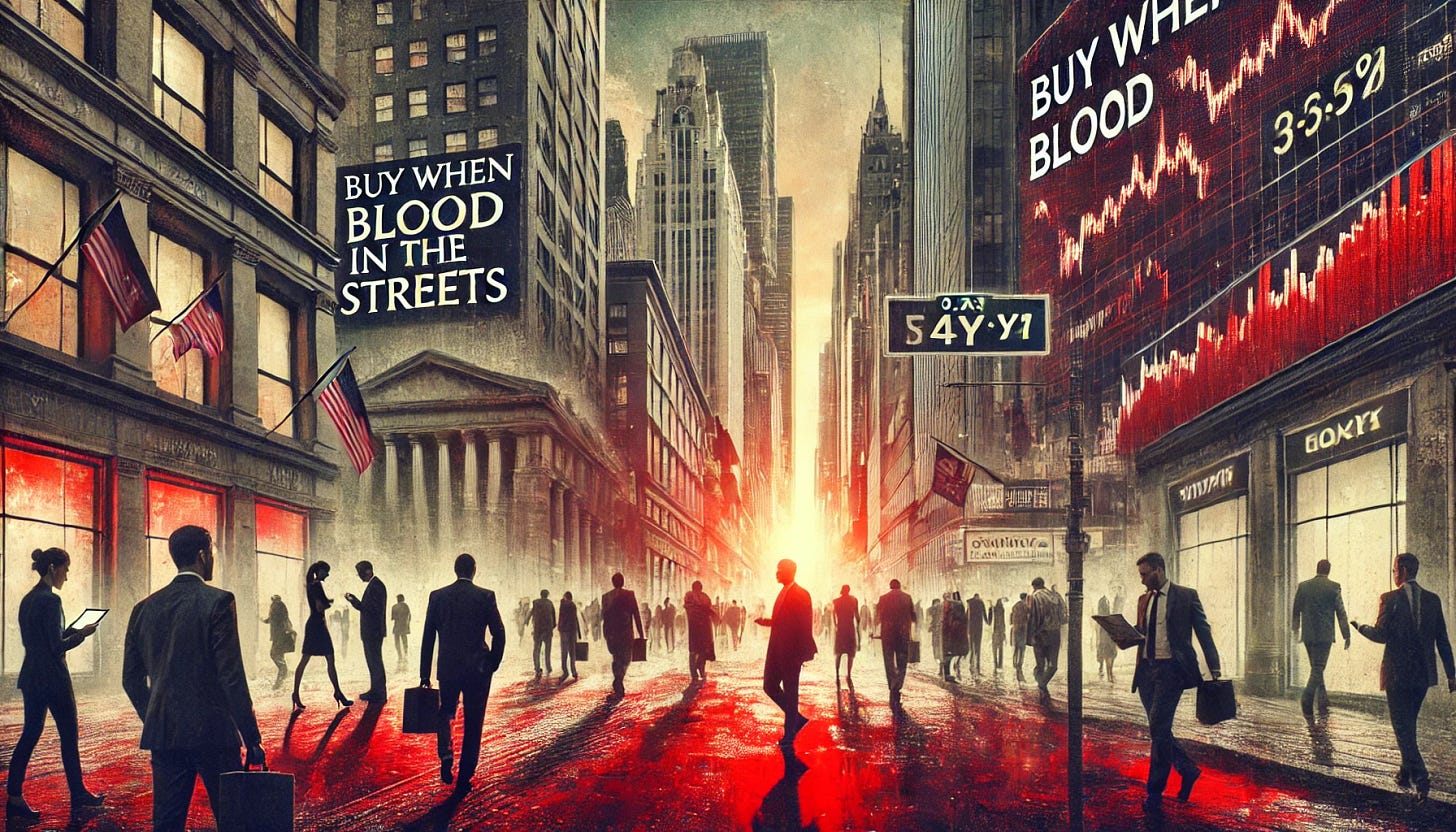 A dramatic and metaphorical illustration of the investing concept 'Buy when there's blood in the streets'. The scene depicts a busy urban street in a financial district, with tall skyscrapers and bustling people. The atmosphere is tense and chaotic, with a red hue symbolizing 'blood in the streets'. Investors are portrayed making decisive moves, calmly walking against the flow of anxious people. The image should capture a sense of opportunity amidst turmoil, with subtle details like stock charts, newspapers with alarming headlines, and contrasting elements of fear and determination.