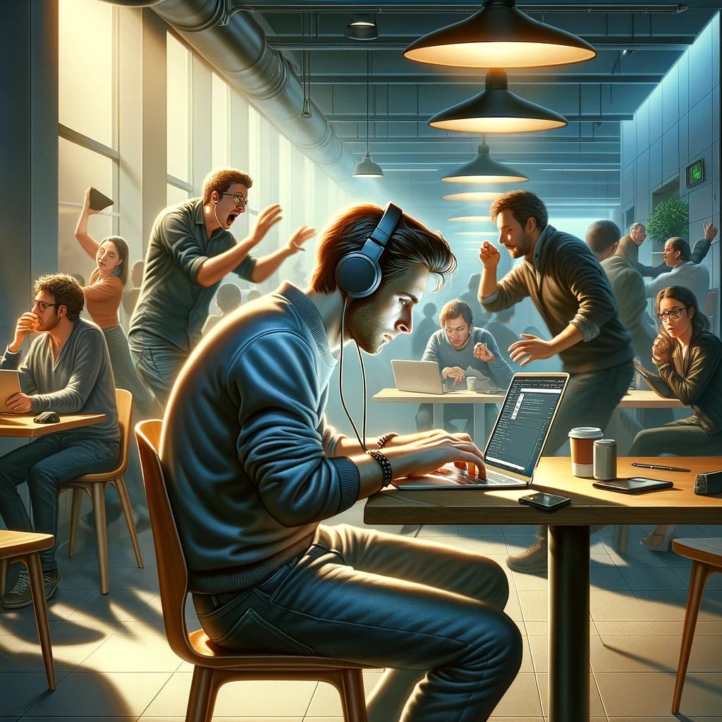 A digital painting of a focused individual working intently on his laptop in a busy room, wearing headphones and completely absorbed in his task, oblivious to the attempts of several people around him trying to engage in conversation. The room is lively and filled with people engaged in various activities, but this person remains in his own world, a bubble of concentration. Surrounding him, a few individuals are gesturing and speaking, looking at him with expressions ranging from amusement to frustration, indicating their failed attempts to capture his attention. The scene is set in a modern, well-lit space, possibly a co-working space or a cafe, with tables, chairs, and décor that add to the vibrant atmosphere. The lighting highlights the contrast between the solitary focus of the individual and the dynamic social environment around him. Digital art style, focusing on realism with attention to facial expressions and body language to capture the moment of disconnect and deep work.