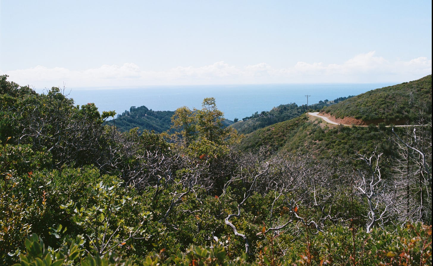 A photo of mountains going into the ocean with a trail curving around one of the mountains.