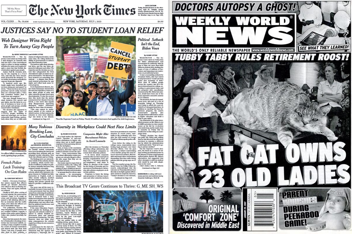 Comparison front pages between The New York Times and the Weekly World News--French Police Lack Gun Training on Gun Roles" in an article about the race war/revolution in France vs "Fat Cat Owns 23 Old Ladies" about a retirement home's house cat