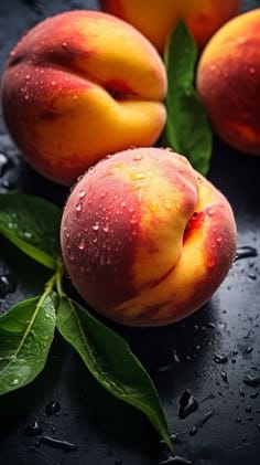 This may contain: three peaches sitting on top of a table covered in raindrops and leaves