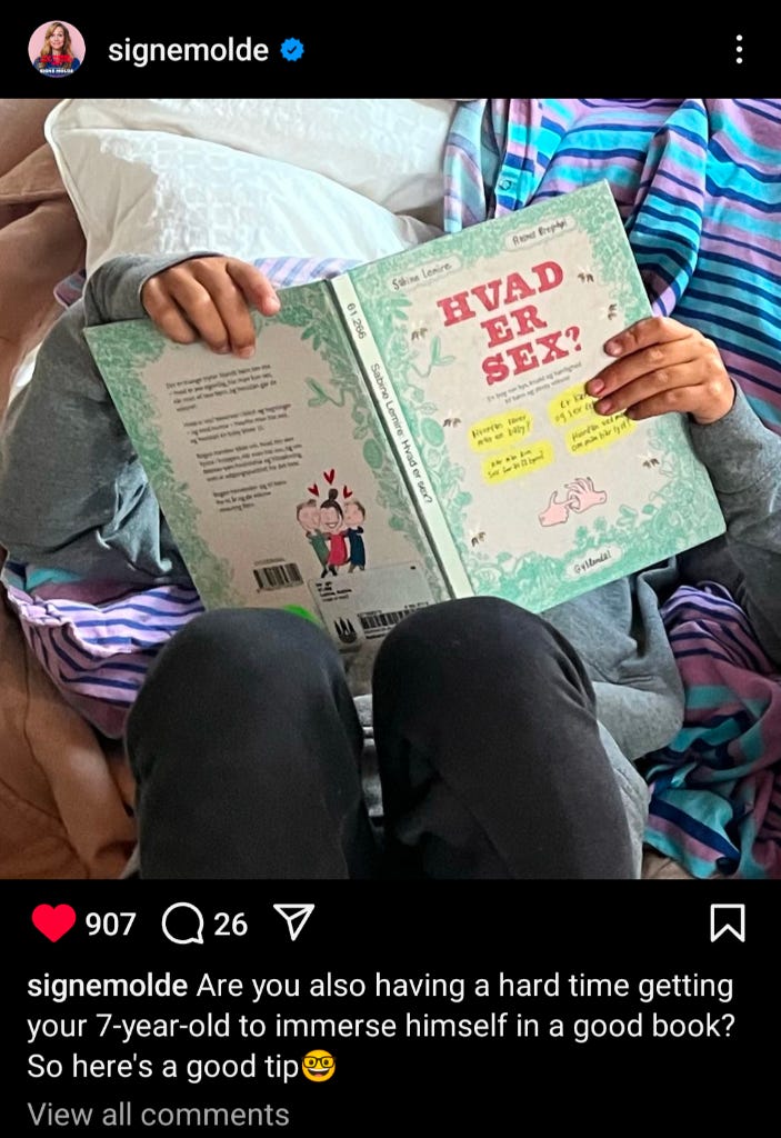 social media post showing sdneon reading child's book