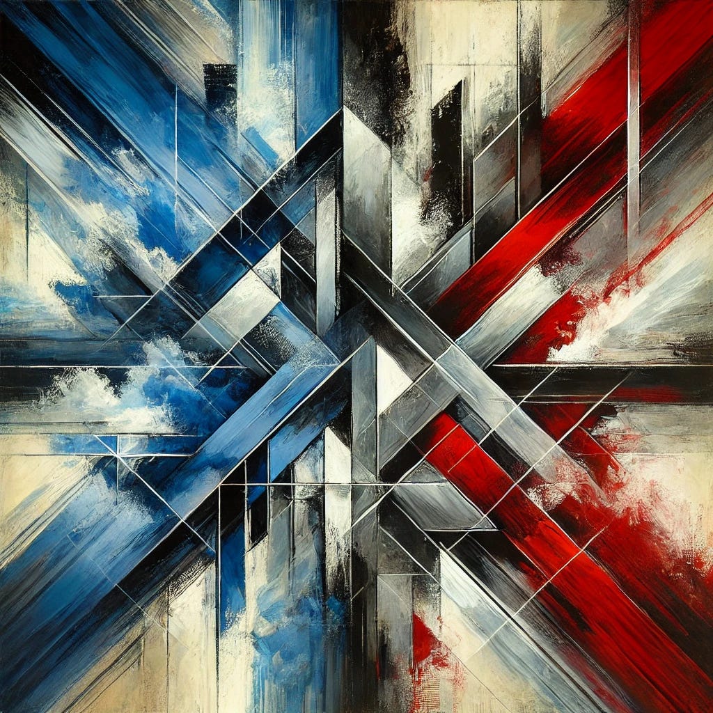 A refined abstract painting representing political tension and uncertainty in Austria. The artwork features a dynamic yet harmonious arrangement of bold, intersecting shapes that symbolize division and ideological struggle. The color palette includes deep blues, striking reds, and dramatic blacks, contrasted by subtle shades of white and gray to convey layers of complexity. Expressive, textured brushstrokes add depth and movement, evoking a sense of urgency and debate. The composition is balanced yet visually intense, capturing the emotions of discord and transformation.