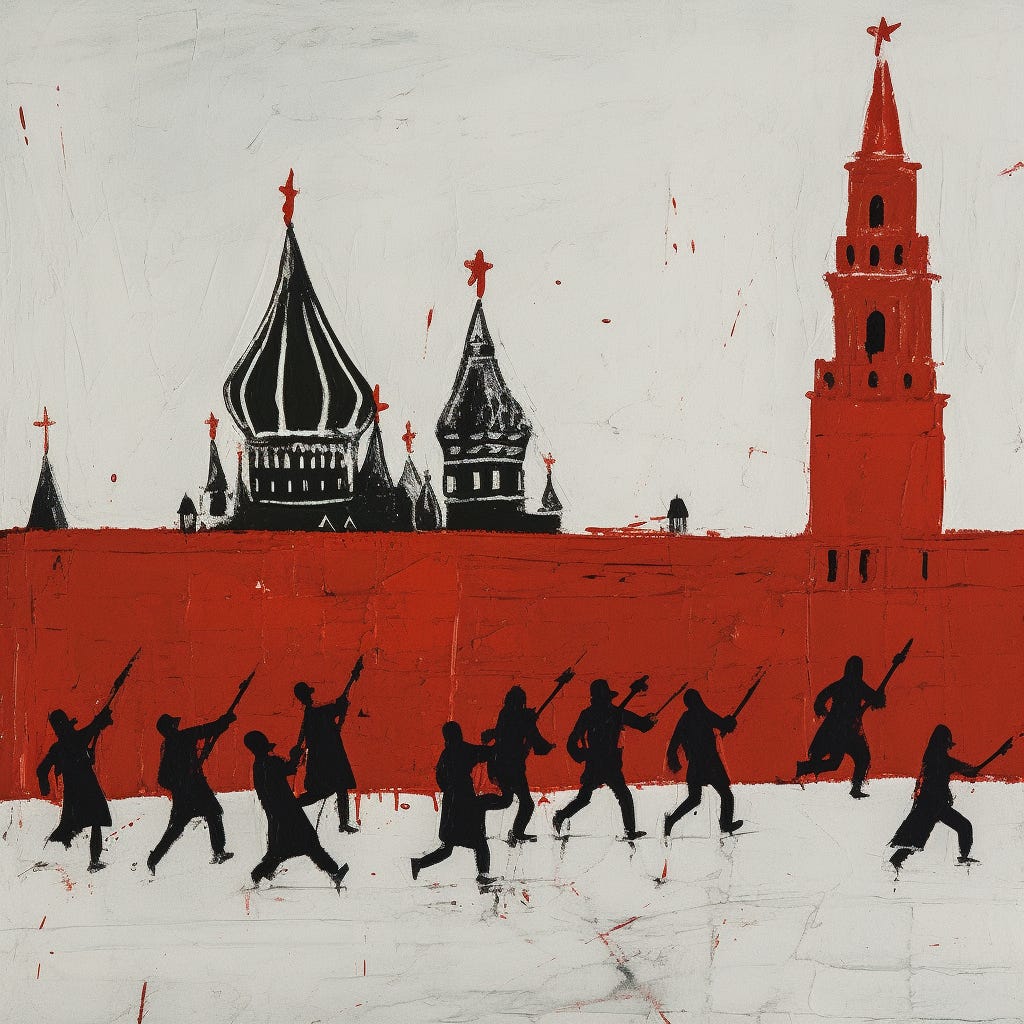 minimalist painting of a mob attacking the Kremlin