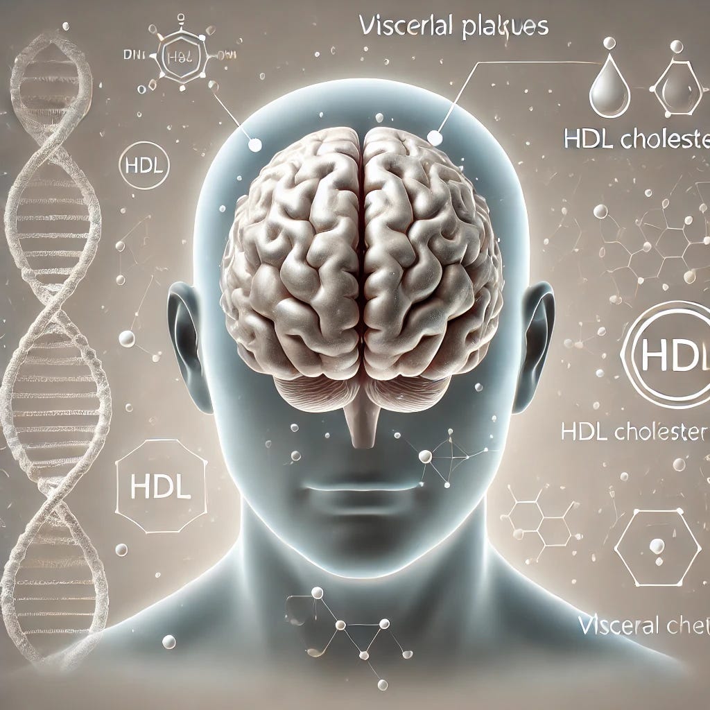 A professional medical illustration featuring a human brain with highlighted amyloid plaques, symbolizing Alzheimer's disease. The image includes a simplified outline of visceral fat areas in the abdomen, visually connecting obesity with brain health. The background is clean and modern with a subtle gradient, incorporating symbolic elements like HDL cholesterol molecules depicted as protective shields around the brain. The style is approachable and scientific, using soft, neutral tones to convey positivity and innovation. Icons such as DNA strands and neurons are subtly integrated to emphasize the research's focus on metabolic health and cognitive function.