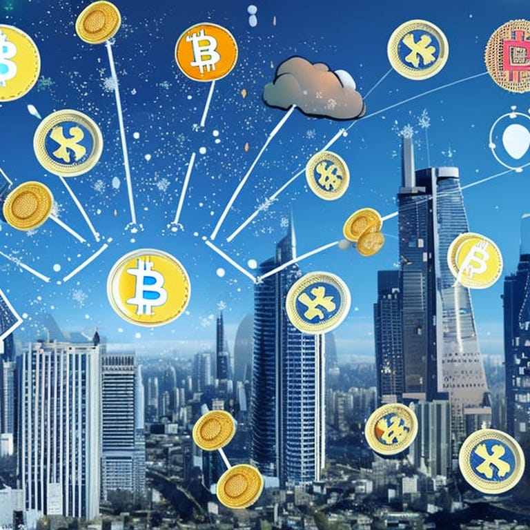 Prompt: a futuristic city where cryptocurrency is being airdropped like bomb attack, falling from the sky, cryptocurrencies are colorful, with different logos, falling like snowflakes, cheerful atmosphere, blue sky