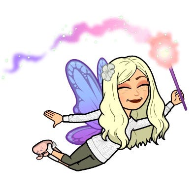 The author's bitmoji: flying through the air on faerie wings with a magic wand and bunny slippers.