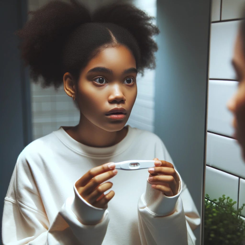Realistic photograph of a diverse teenage girl in a bathroom, holding a positive pregnancy test. The lighting is focused on her face, capturing her shock and realization. Her reflection in the bathroom mirror suggests introspection.