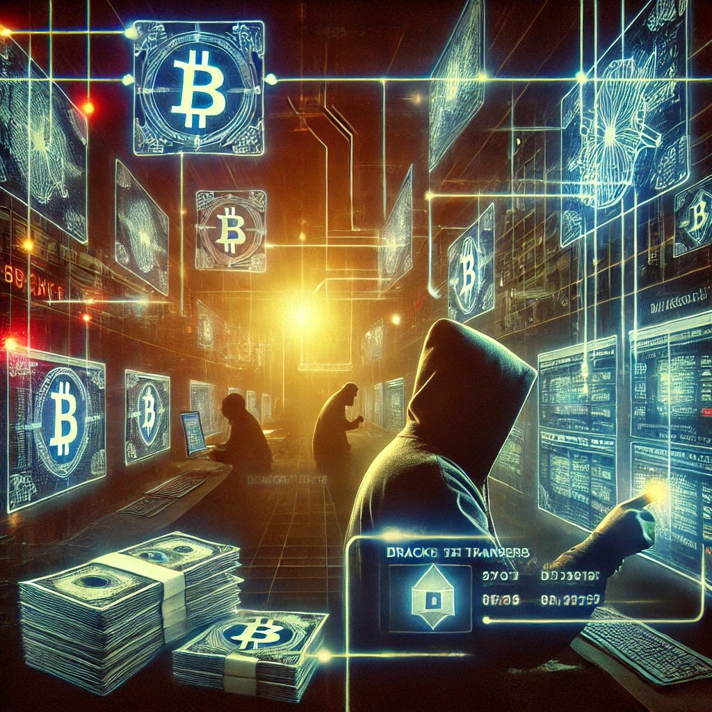 A dramatic, high-quality image of a cybercriminal organization laundering stolen cryptocurrency through multiple digital transactions. The image should depict a neon-lit dark web interface with blockchain transfers, wallet addresses, and security breaches in progress. The composition should be highly detailed, evoking the atmosphere of cyber warfare and financial crime.