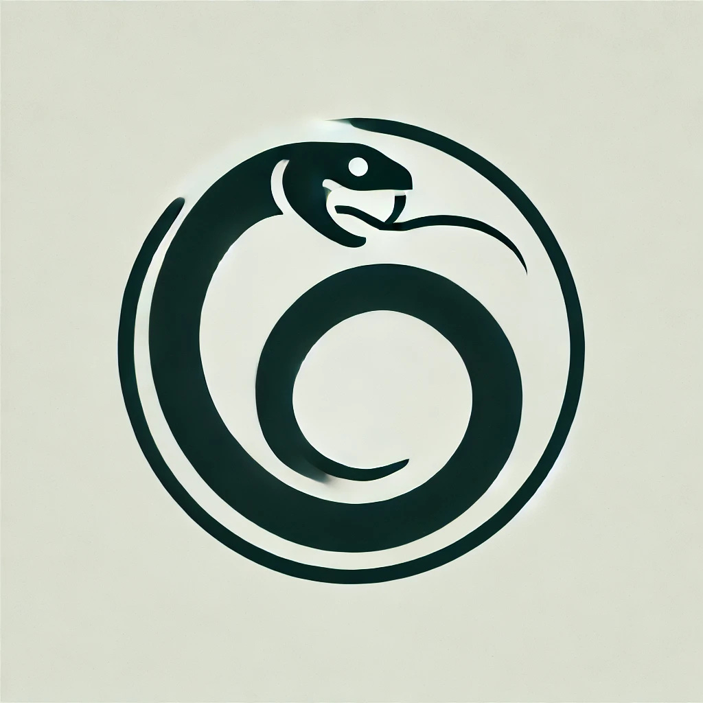 A simple, minimalistic illustration of the Ouroboros symbol, showing a snake curled in a circular shape, clearly eating its own tail. The design is clean with smooth, bold lines and minimal details. The snake is a solid color, such as green or black, without intricate patterns. The head of the snake is clearly biting onto its tail, emphasizing the self-consuming action. The background is plain, keeping the focus on the snake and its circular, continuous form. The overall image conveys a sense of eternity and simplicity.