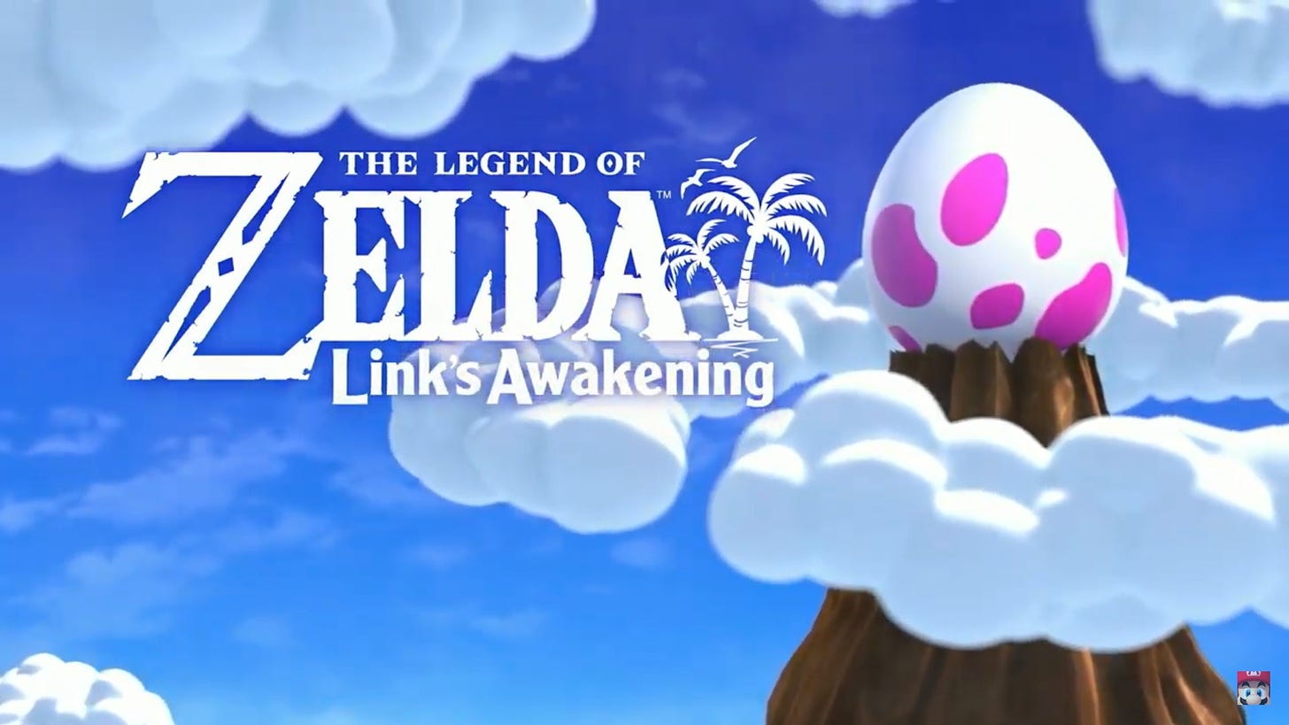 Opening screen of The Legend of Zelda: Link's Awakening for Nintendo Switch. A pink spotted egg sits atop a mountain with a ring of clouds around it, rendered in a 3D polygonal style