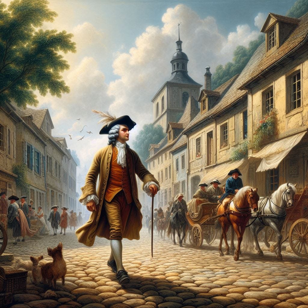 Jean jacques Rousseau walking through an 18th century town 