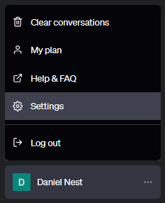 ChatGPT user dropdown with the "Settings" menu