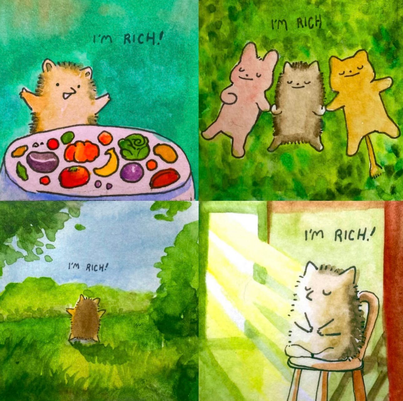 A collage of illustrations of a hedgehog saying "I'm rich" with basic amenities