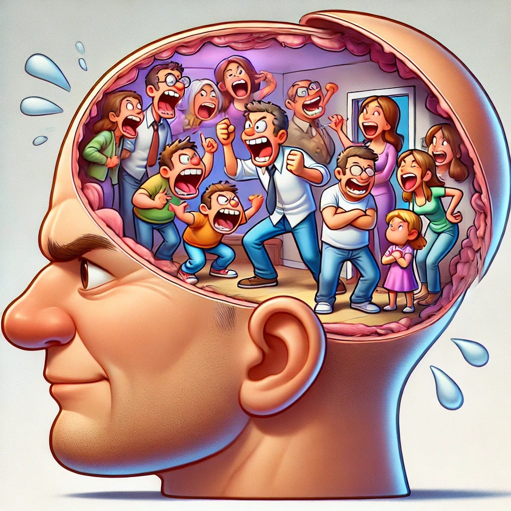 A cartoon-style illustration of a person’s head shown in profile, with a cutaway view inside their head. Instead of a brain, a small group representing a family is depicted squabbling, with animated expressions and gestures to show disagreement or frustration. The scene is humorous, with exaggerated cartoonish features, showing family members inside the head arguing in a chaotic manner. The colors are vibrant with a playful, cartoonish feel, soft edges, and light shading to add depth. The background is a soft white or light pastel to emphasize the head and the family scene inside.