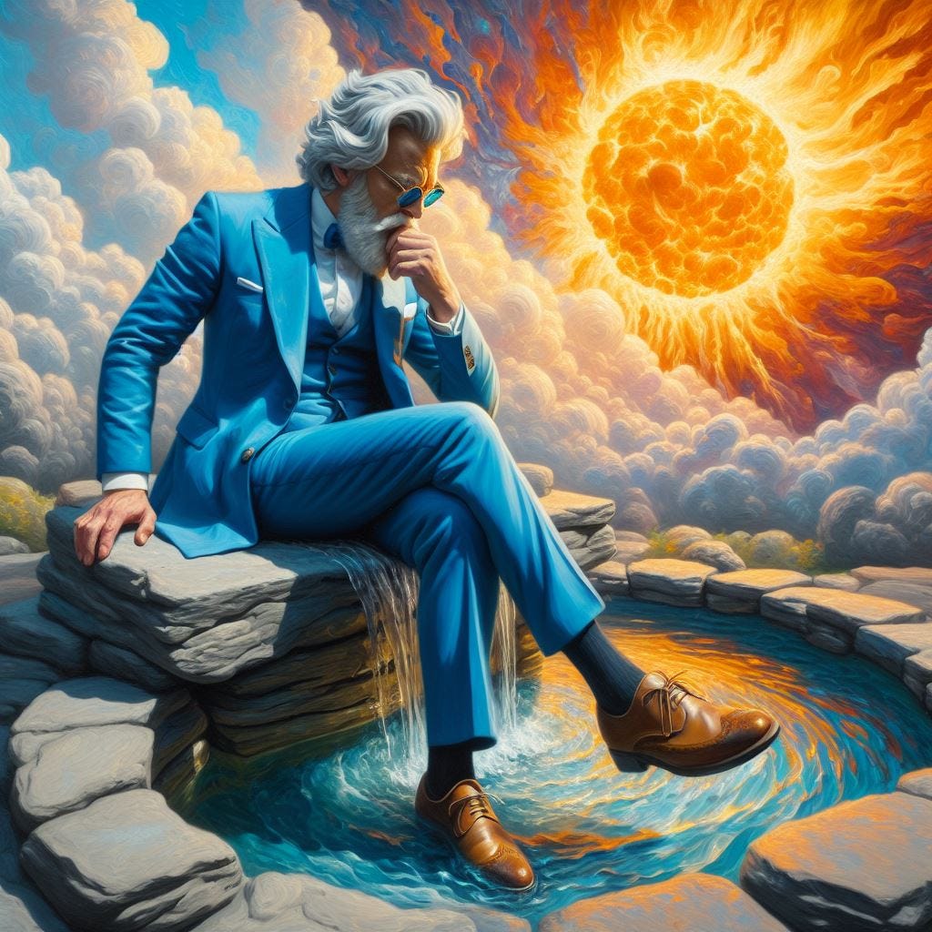 oil painting and glass Tilt Shift, lens baby effect; Sculpture Gardens: Storm King Art Center honey and silver haired middle aged man in cerulean blue bespoke with white details suit with bespok leather shoes. He is nest to a water fountain surrounded by slate rock. fluffy clouds, sunny sky, sun made of plasma, lava sky