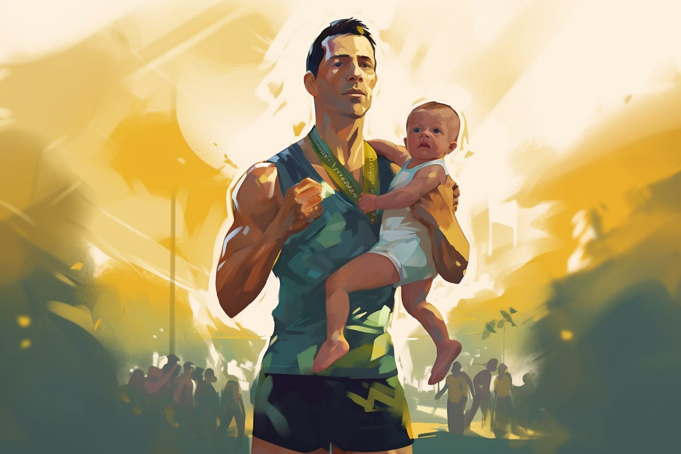 Stylized picture of a marathon runner holding a baby whilst jogging