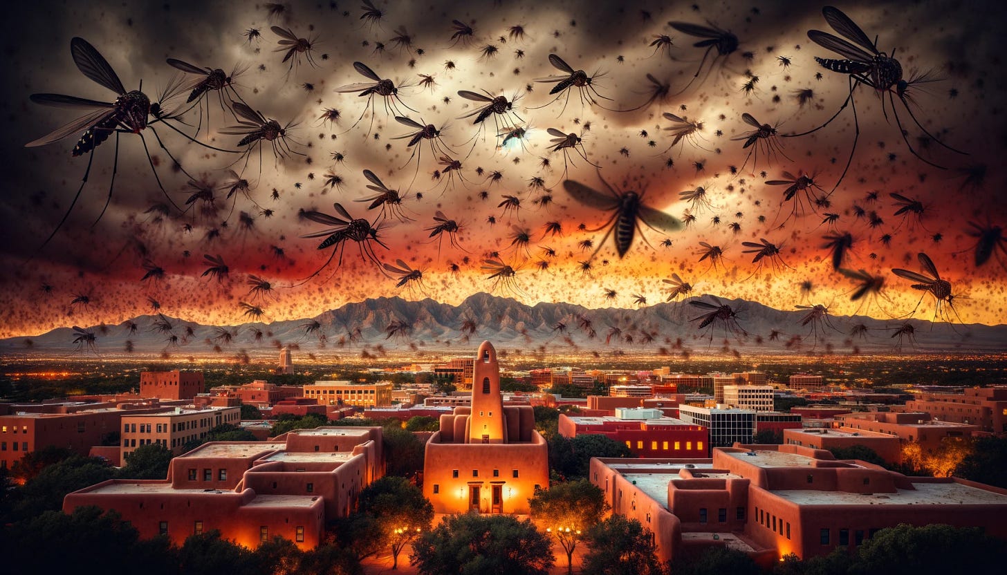 A dramatic scene depicting a swarm of mosquitoes taking over Albuquerque. The sky is filled with dense swarms of mosquitoes, casting a slight shadow over the city. In the background, the Sandia Mountains are visible, and the foreground features distinctive Pueblo-style buildings. The atmosphere is eerie, enhanced by a sunset sky with deep orange and red hues.