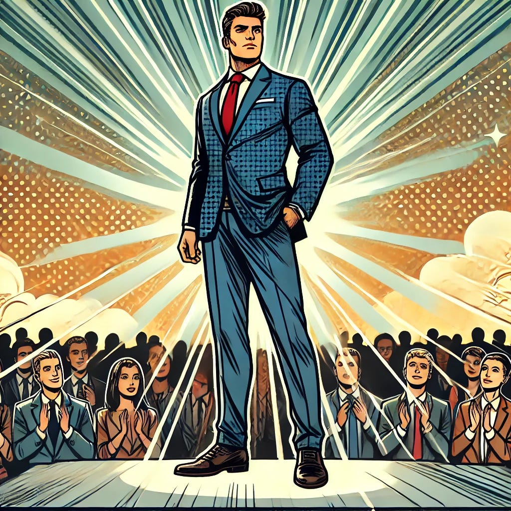 A dynamic comic-style illustration of a leader standing confidently on a platform, with a strong and determined expression. The leader is in the center of the image, dressed in modern business attire, exuding authority and charisma. The background shows a stylized, minimalistic crowd looking up to the leader, and rays of light highlight the leader to give them an almost heroic presence. The color palette should be bold and vibrant, typical of comic book art, with strong lines and shading to emphasize action and energy.