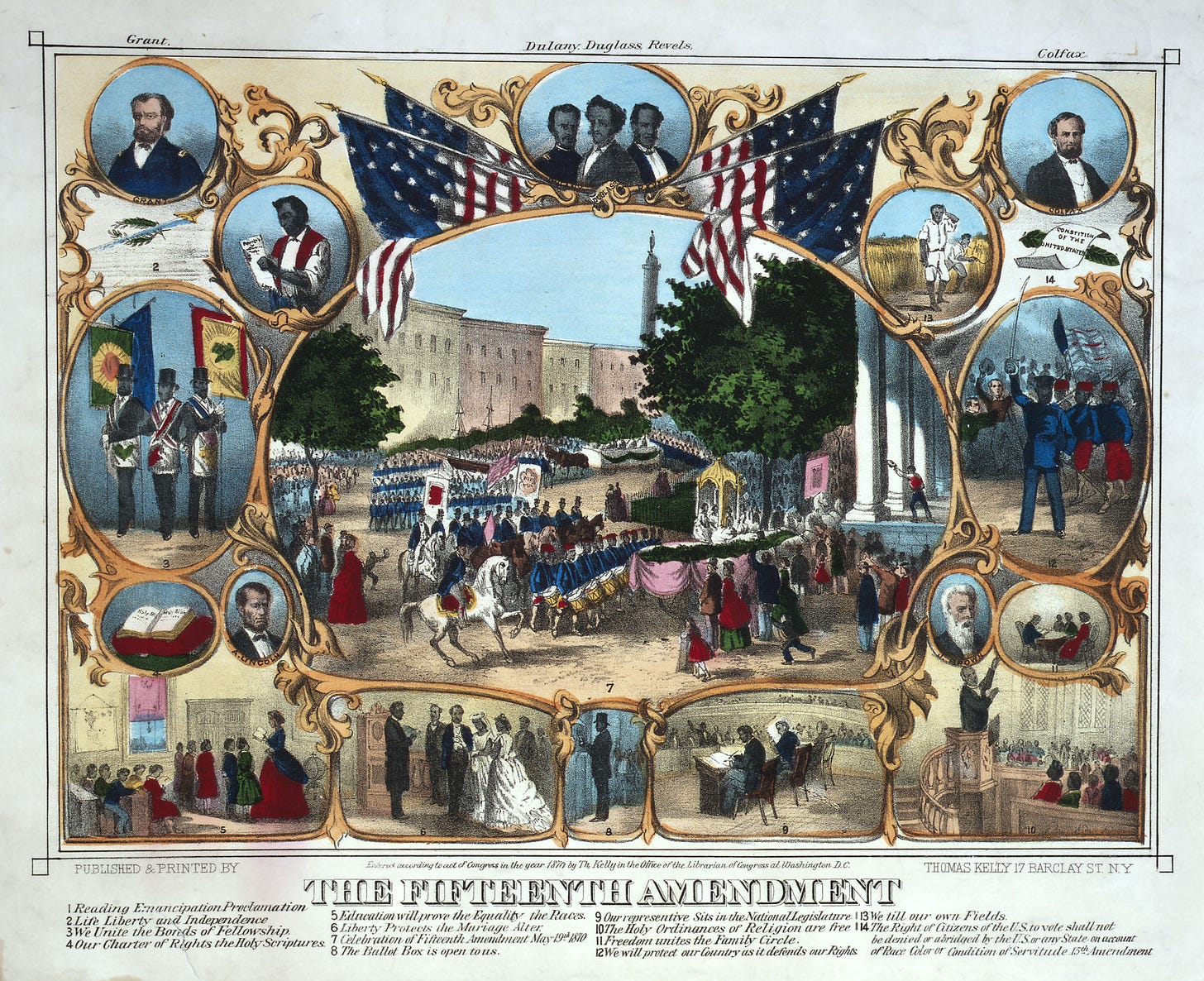 An 1870 print celebrating the passage of the Fifteenth Amendment to the United States Constitution.