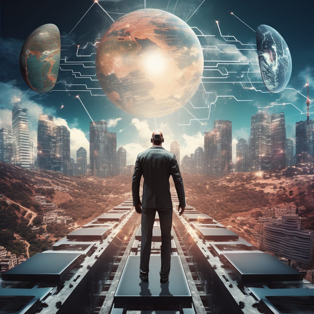 Tall man standing on a floating road of computer processors facing away toward a big city with a giant planet in the sky