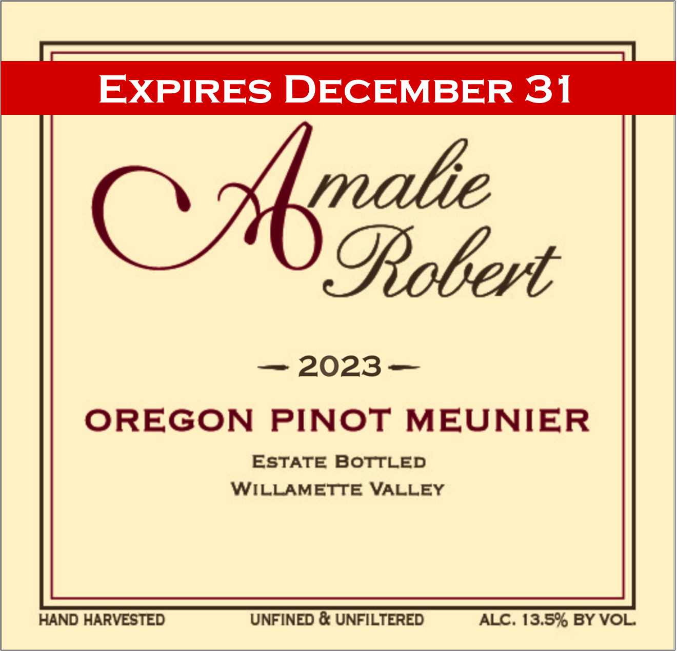 Amalie Robert 2023 Pinot Meunier label.