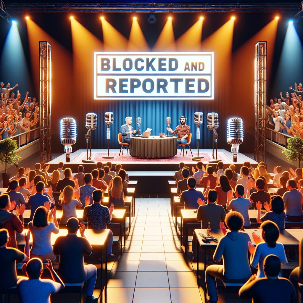 A photorealistic image of a live show with the podcast 'Blocked and Reported' on stage. The stage is set with microphones, podcasting equipment, and a banner with the show's name. The hosts are engaged in animated conversation, with a background of enthusiastic audience members clapping and cheering. The lighting is vibrant, casting a warm glow over the scene. The setting is a modern theater with a stylish design, and the audience is diverse, reflecting a lively and engaged community.