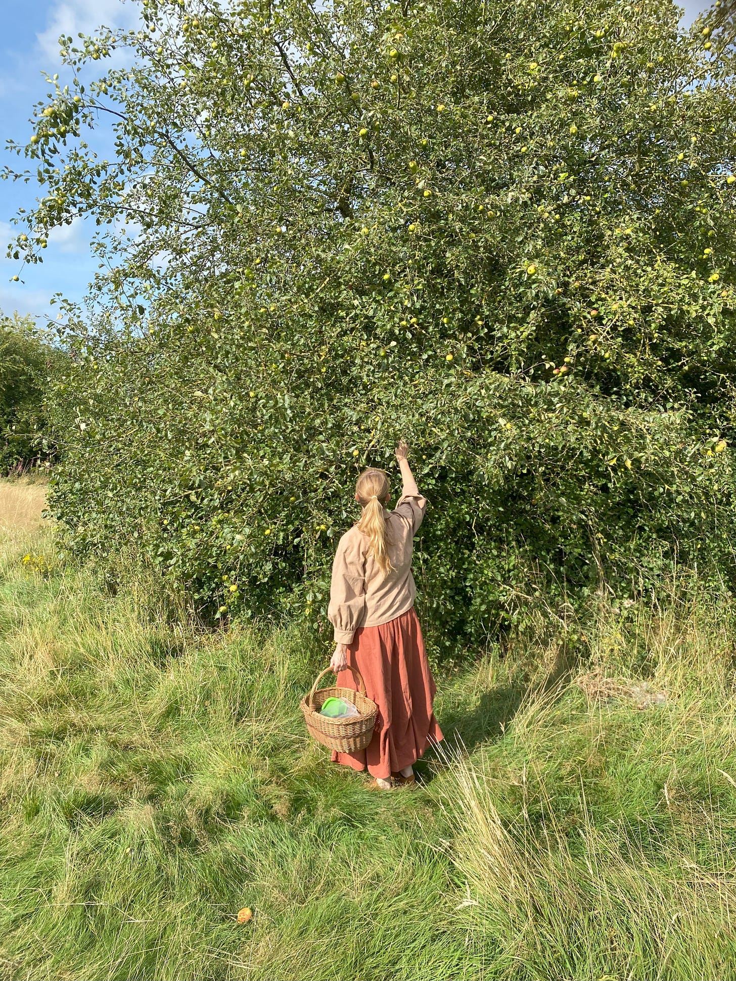 woman with hand raised touching a wilding apple tree