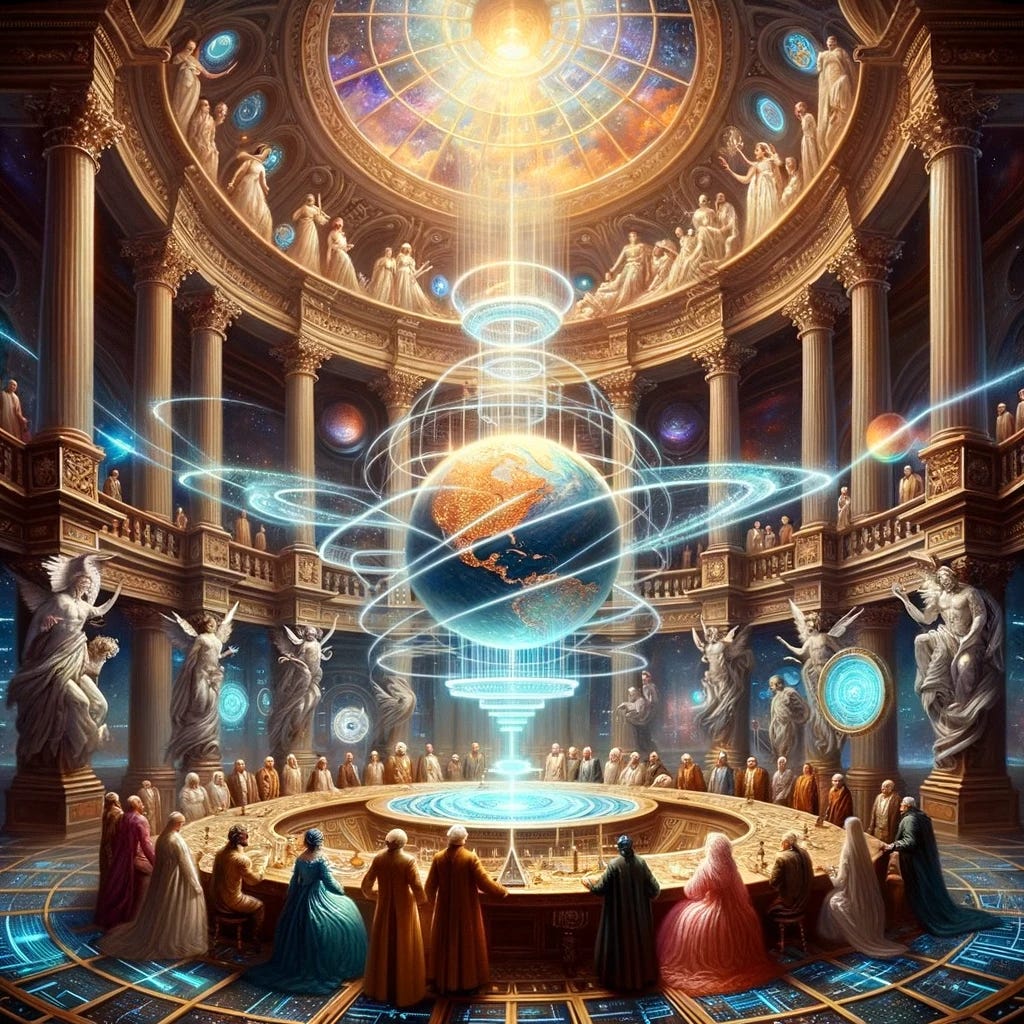 Inside a magnificent chamber, Promethean Spirits gather around a glowing table that displays a holographic globe. Radiant pathways connect different regions, signifying the creation of efficient networks. The celestial dome above showcases both classical sun dials and futuristic time warps, emphasizing the journey beyond time's constraints.