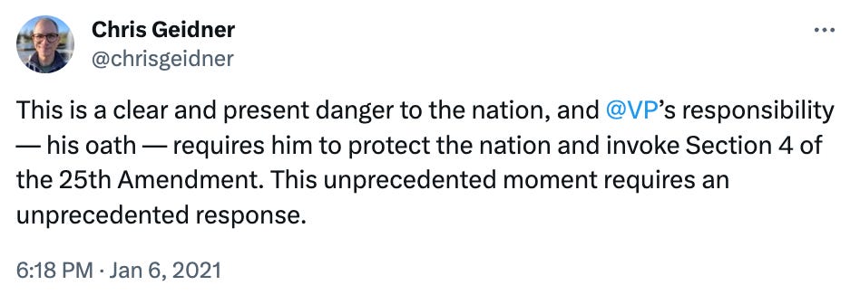 This is a clear and present danger to the nation, and  @VP ’s responsibility — his oath — requires him to protect the nation and invoke Section 4 of the 25th Amendment. This unprecedented moment requires an unprecedented response.