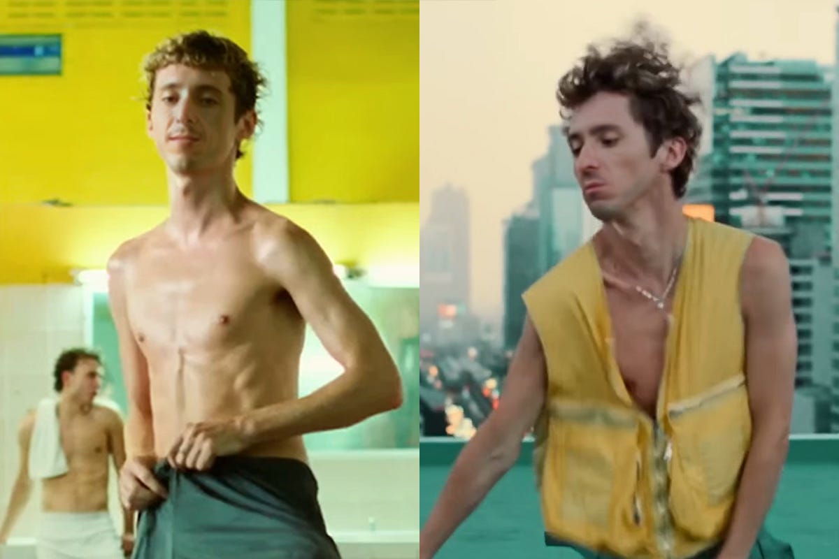 A side-by-side comparison of two successful face swaps featuring Joel's face on the body of singer Troye Sivan. On the left, Joel's face is seamlessly integrated onto a shirtless figure in a locker room, with the body's posture and the face's expression appearing natural and congruent. On the right, Joel's face is again well matched onto the body of Troye Sivan wearing a yellow vest, set against a cityscape backdrop. The matching skin tones, lighting, and facial expressions between Joel's face and Troye's body in both scenes result in a convincing face swap.