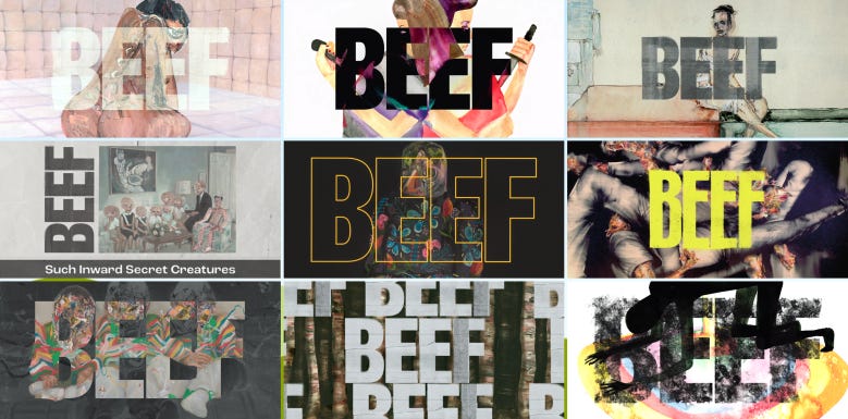 A collage of the different title cards of "Beef" from Episodes 2-10. 