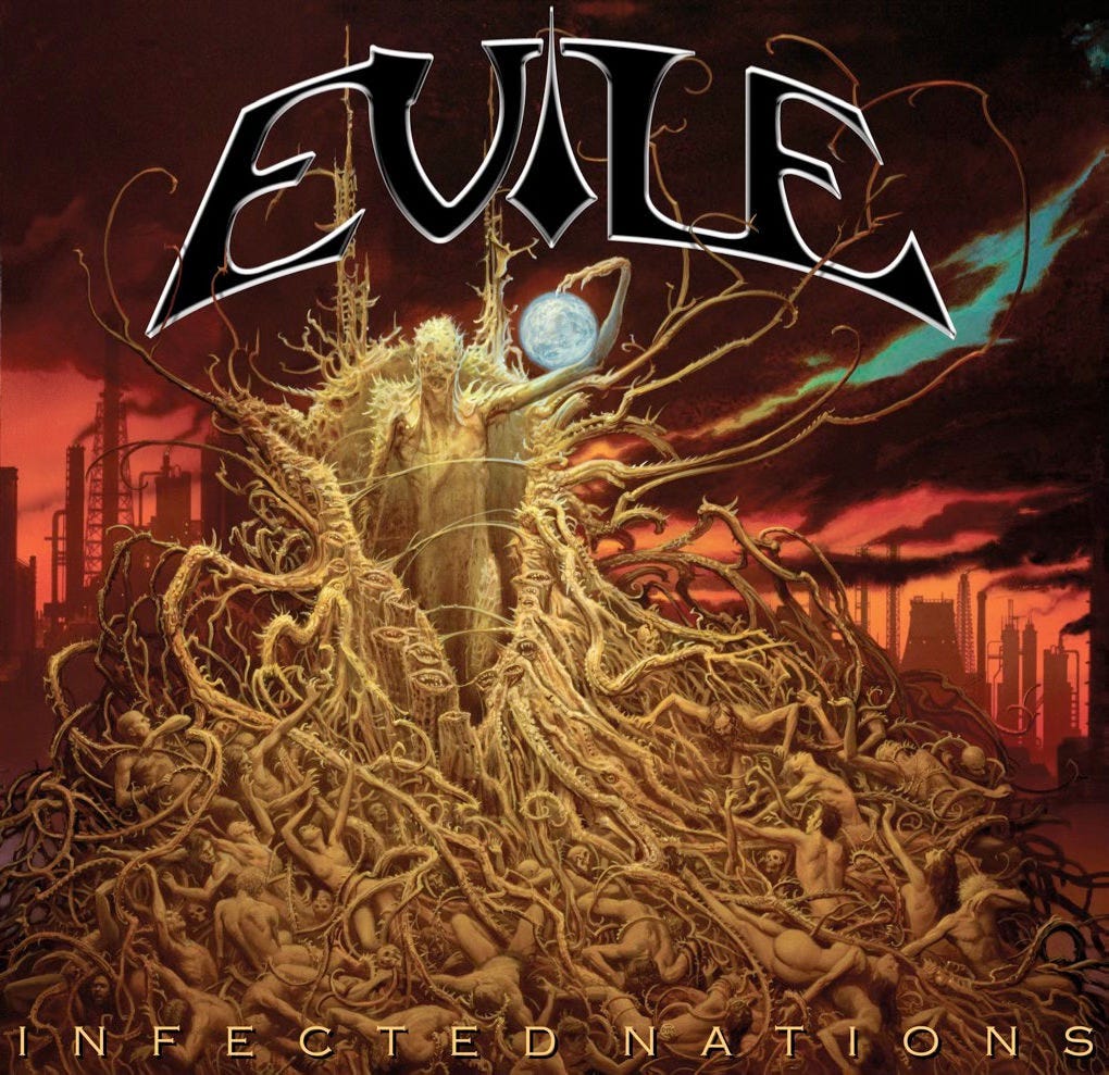 Album cover for INFECTED NATIONS by Evile, distributed by Earache Records