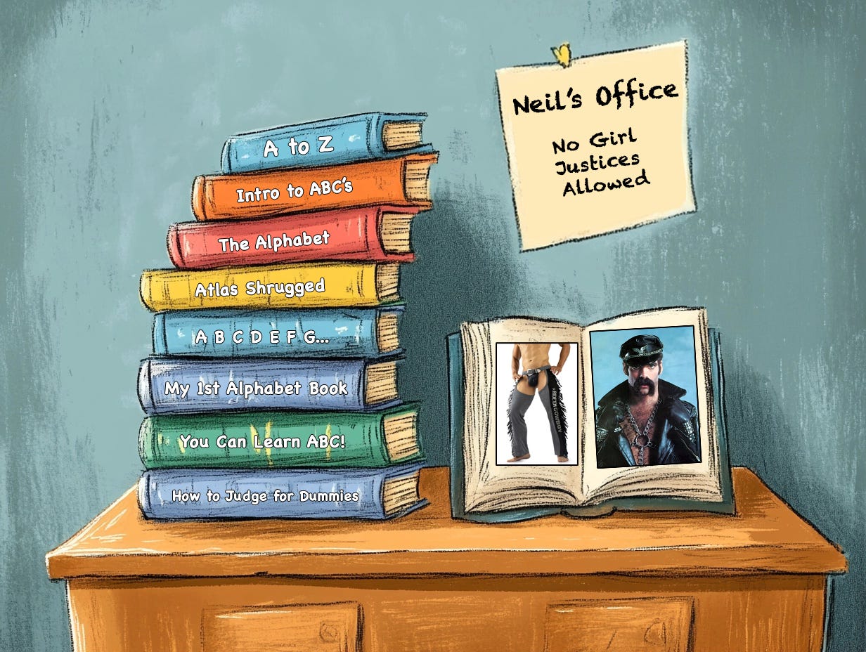 An illustration of a stack of alphabet books next to a stack of pornography