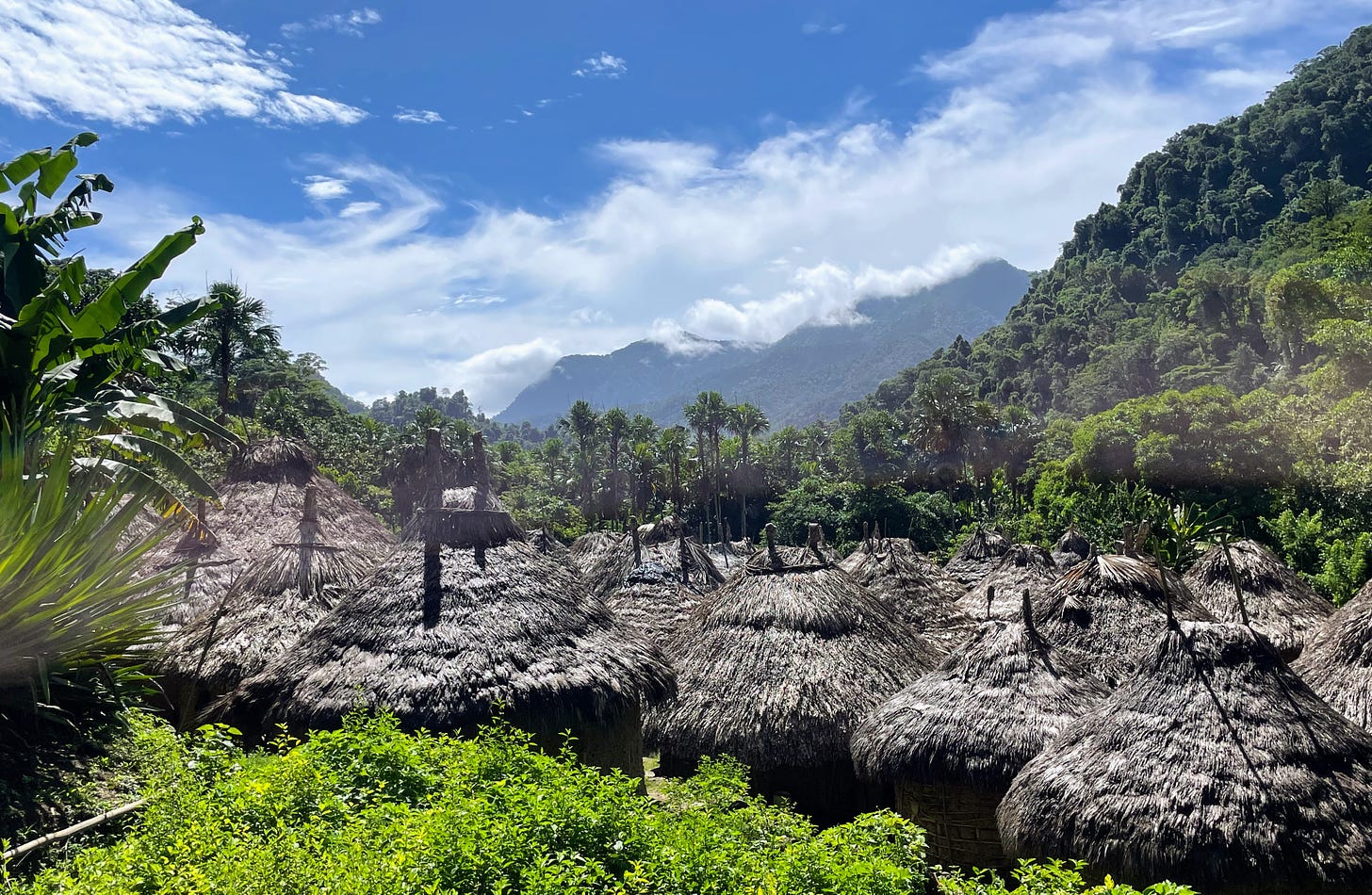 Thatched roofs reflect midday sun, surrounded by green jungle under a blue sky with wispy white clouds